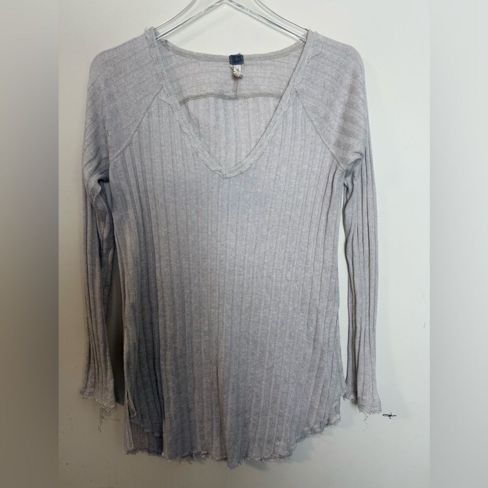 We The Free V-Neck Long Sleeve Ribbed Tunic Top Grey Small